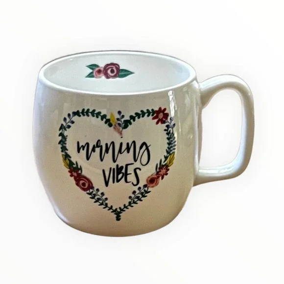 Opal House Morning Vibes White Ceramic Coffee Mug with Floral Heart Shape Design - Picture 6 of 9